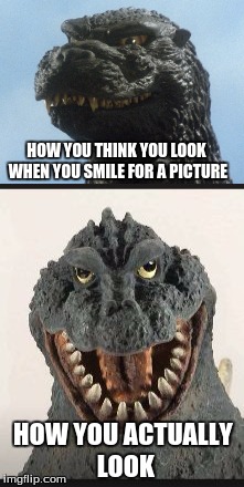HOW YOU THINK YOU LOOK WHEN YOU SMILE FOR A PICTURE; HOW YOU ACTUALLY LOOK | image tagged in godzilla | made w/ Imgflip meme maker