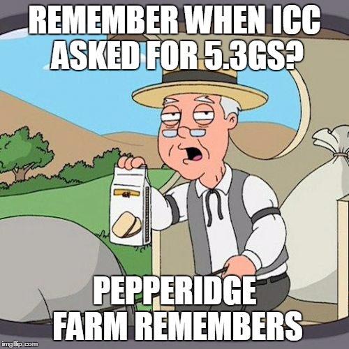 Pepperidge Farm Remembers Meme | REMEMBER WHEN ICC ASKED FOR 5.3GS? PEPPERIDGE FARM REMEMBERS | image tagged in memes,pepperidge farm remembers | made w/ Imgflip meme maker