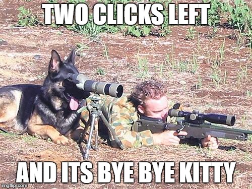 TWO CLICKS LEFT; AND ITS BYE BYE KITTY | image tagged in gsd sniper | made w/ Imgflip meme maker