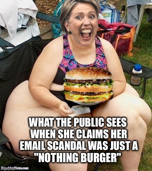 When you're out of touch with reality  |  WHAT THE PUBLIC SEES WHEN SHE CLAIMS HER EMAIL SCANDAL WAS JUST A; "NOTHING BURGER" | image tagged in hillary nothing burger,email scandal,nothing burger,delusional | made w/ Imgflip meme maker