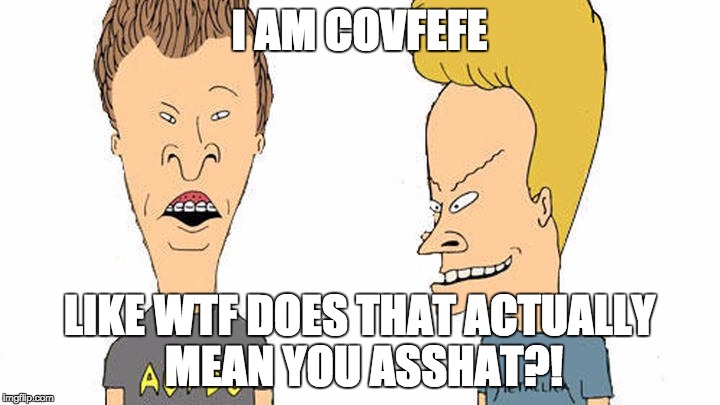 Beavis & Butthead | I AM COVFEFE; LIKE WTF DOES THAT ACTUALLY MEAN YOU ASSHAT?! | image tagged in beavis  butthead | made w/ Imgflip meme maker