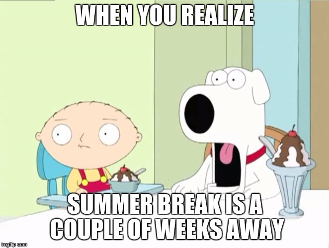 Brian suprised | WHEN YOU REALIZE; SUMMER BREAK IS A COUPLE OF WEEKS AWAY | image tagged in brian suprised | made w/ Imgflip meme maker