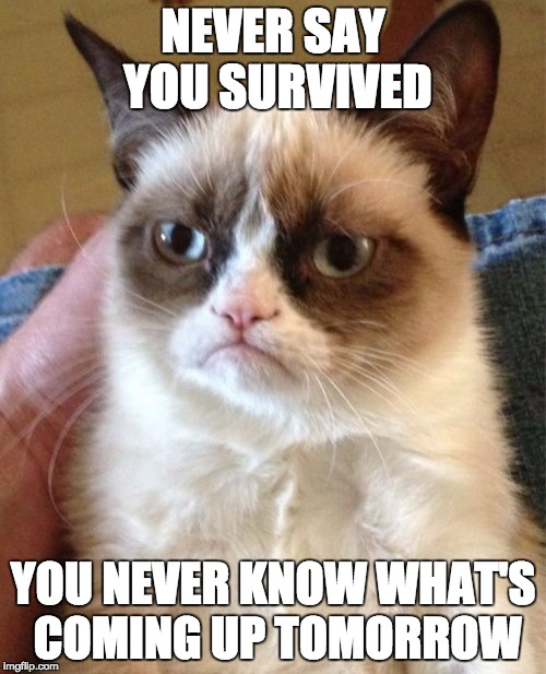 Grumpy Cat | NEVER SAY YOU SURVIVED; YOU NEVER KNOW WHAT'S COMING UP TOMORROW | image tagged in memes,grumpy cat | made w/ Imgflip meme maker