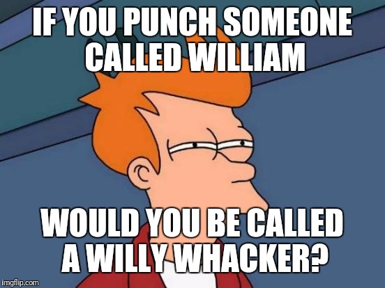 Futurama Fry Meme | IF YOU PUNCH SOMEONE CALLED WILLIAM WOULD YOU BE CALLED A WILLY WHACKER? | image tagged in memes,futurama fry | made w/ Imgflip meme maker