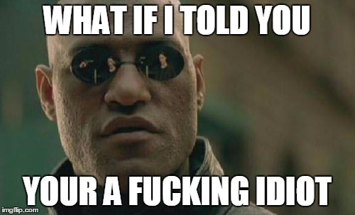 Matrix Morpheus Meme | WHAT IF I TOLD YOU YOUR A F**KING IDIOT | image tagged in memes,matrix morpheus | made w/ Imgflip meme maker