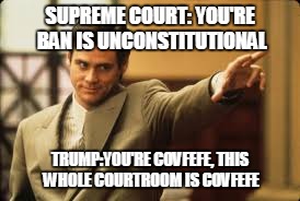 trump is a liar liar | SUPREME COURT: YOU'RE BAN IS UNCONSTITUTIONAL; TRUMP:YOU'RE COVFEFE, THIS WHOLE COURTROOM IS COVFEFE | image tagged in memes,trump,liar liar,covfefe,supreme court,travel ban | made w/ Imgflip meme maker