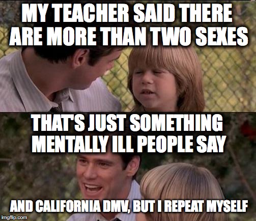 That's Just Something X Say | MY TEACHER SAID THERE ARE MORE THAN TWO SEXES; THAT'S JUST SOMETHING MENTALLY ILL PEOPLE SAY; AND CALIFORNIA DMV, BUT I REPEAT MYSELF | image tagged in memes,thats just something x say | made w/ Imgflip meme maker