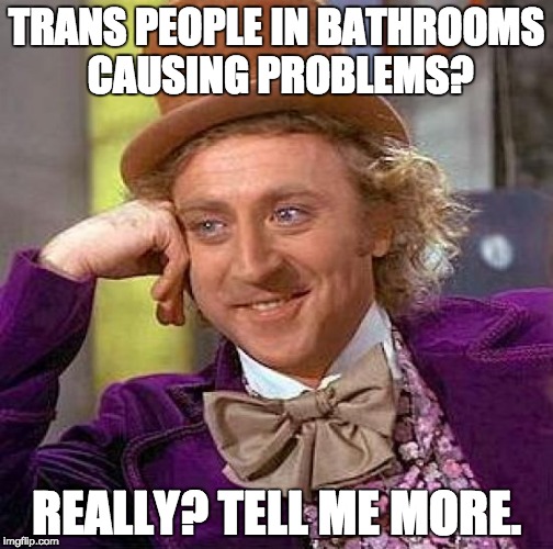 Trans People In Bathrooms | TRANS PEOPLE IN BATHROOMS CAUSING PROBLEMS? REALLY? TELL ME MORE. | image tagged in memes,creepy condescending wonka,funny memes,entertainment,welovetheswitch,transgender bathroom | made w/ Imgflip meme maker