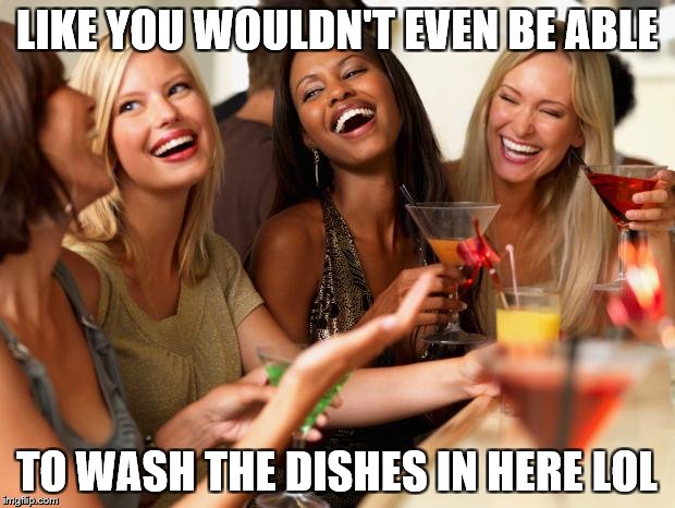 girls laughing | LIKE YOU WOULDN'T EVEN BE ABLE; TO WASH THE DISHES IN HERE LOL | image tagged in girls laughing,memes | made w/ Imgflip meme maker