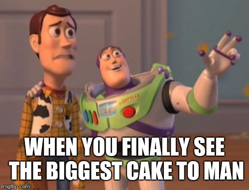 X, X Everywhere Meme | WHEN YOU FINALLY SEE THE BIGGEST CAKE TO MAN | image tagged in memes,x x everywhere | made w/ Imgflip meme maker