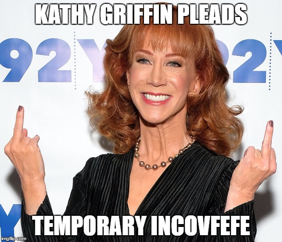 Kathy Griffin flips off | KATHY GRIFFIN PLEADS; TEMPORARY INCOVFEFE | image tagged in kathy griffin flips off | made w/ Imgflip meme maker