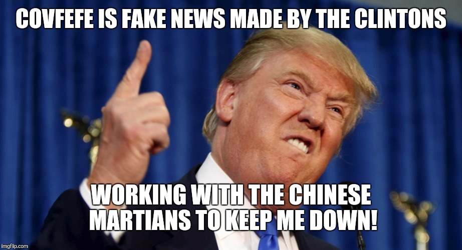 Fake news as always | COVFEFE IS FAKE NEWS MADE BY THE CLINTONS; WORKING WITH THE CHINESE MARTIANS TO KEEP ME DOWN! | image tagged in memes,trump,election 2016,fake news,alternative facts,white house | made w/ Imgflip meme maker