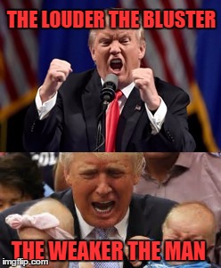 The Weakness Behind the Bluster | THE LOUDER THE BLUSTER; THE WEAKER THE MAN | image tagged in trump,weak | made w/ Imgflip meme maker