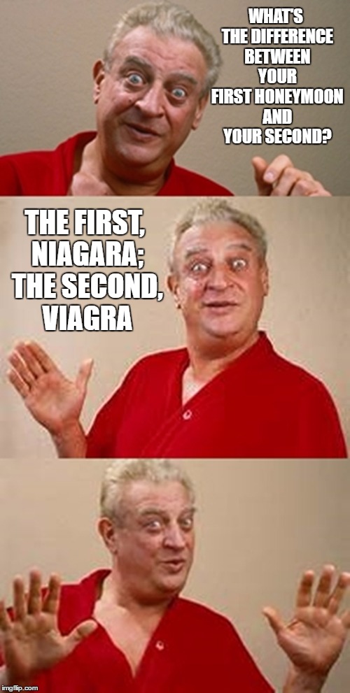 bad pun Dangerfield  | WHAT'S THE DIFFERENCE BETWEEN YOUR FIRST HONEYMOON AND YOUR SECOND? THE FIRST, NIAGARA; THE SECOND, VIAGRA | image tagged in bad pun dangerfield,memes,marrieage,honeymoon,viagra | made w/ Imgflip meme maker