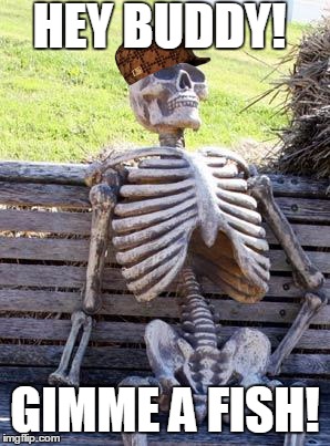 Waiting Skeleton Meme | HEY BUDDY! GIMME A FISH! | image tagged in memes,waiting skeleton,scumbag | made w/ Imgflip meme maker