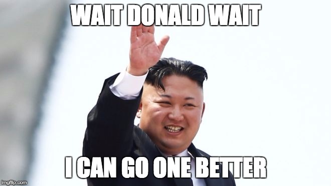 anything you can do, i can do better | WAIT DONALD WAIT; I CAN GO ONE BETTER | image tagged in kim jong un,wait,not funny | made w/ Imgflip meme maker
