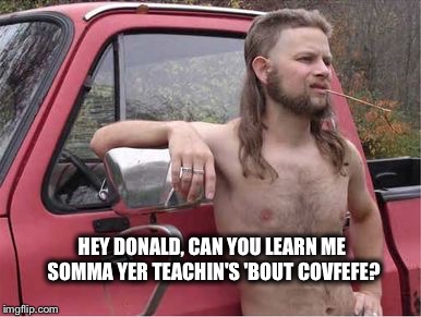 Hillbilly Mullet | HEY DONALD, CAN YOU LEARN ME SOMMA YER TEACHIN'S 'BOUT COVFEFE? | image tagged in hillbilly mullet,covfefe | made w/ Imgflip meme maker