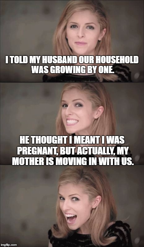 Later, he was seen crying and bouncing his head against the wall... | I TOLD MY HUSBAND OUR HOUSEHOLD WAS GROWING BY ONE. HE THOUGHT I MEANT I WAS PREGNANT, BUT ACTUALLY, MY MOTHER IS MOVING IN WITH US. | image tagged in memes,bad pun anna kendrick,mother-in-law jokes | made w/ Imgflip meme maker
