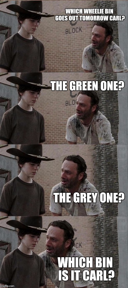 Rick and Carl Long | WHICH WHEELIE BIN GOES OUT TOMORROW CARL? THE GREEN ONE? THE GREY ONE? WHICH BIN IS IT CARL? | image tagged in memes,rick and carl long | made w/ Imgflip meme maker