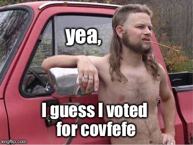 Hillbilly Mullet | yea, I guess I voted for covfefe | image tagged in hillbilly mullet,covfefe | made w/ Imgflip meme maker