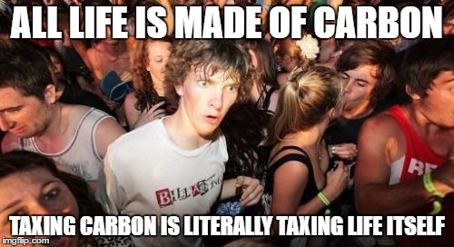 Sudden Clarity Clarence Meme | ALL LIFE IS MADE OF CARBON; TAXING CARBON IS LITERALLY TAXING LIFE ITSELF | image tagged in memes,sudden clarity clarence | made w/ Imgflip meme maker