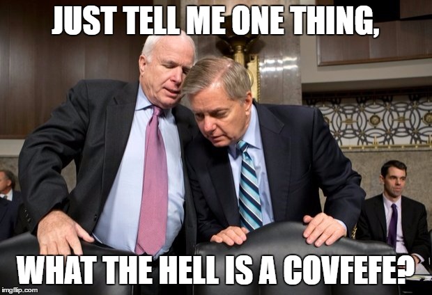Keep up Gramps! | JUST TELL ME ONE THING, WHAT THE HELL IS A COVFEFE? | image tagged in graham mccain | made w/ Imgflip meme maker