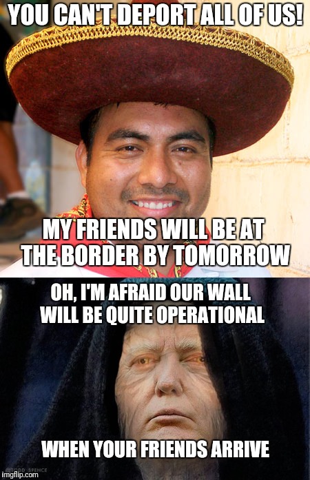 The Great Wall of Trump | YOU CAN'T DEPORT ALL OF US! MY FRIENDS WILL BE AT THE BORDER BY TOMORROW; OH, I'M AFRAID OUR WALL WILL BE QUITE OPERATIONAL; WHEN YOUR FRIENDS ARRIVE | image tagged in trump wall,trump,mexican | made w/ Imgflip meme maker