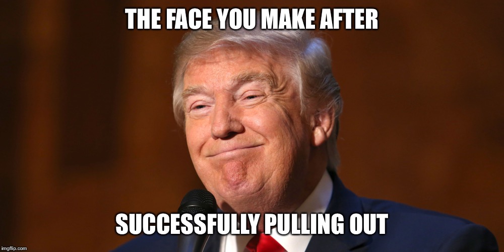 Donald Trump Smiling | THE FACE YOU MAKE AFTER; SUCCESSFULLY PULLING OUT | image tagged in donald trump smiling | made w/ Imgflip meme maker