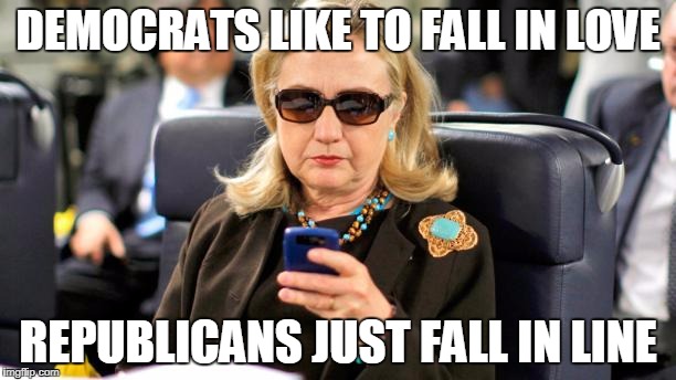Democrats like to fall in love, Republicans just fall in line. | DEMOCRATS LIKE TO FALL IN LOVE; REPUBLICANS JUST FALL IN LINE | image tagged in text from hillary,hillary clinton | made w/ Imgflip meme maker