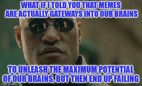 Matrix Morpheus Meme | WHAT IF I TOLD YOU THAT MEMES ARE ACTUALLY GATEWAYS INTO OUR BRAINS TO UNLEASH THE MAXIMUM POTENTIAL OF OUR BRAINS, BUT THEN END UP FAILING | image tagged in memes,matrix morpheus | made w/ Imgflip meme maker