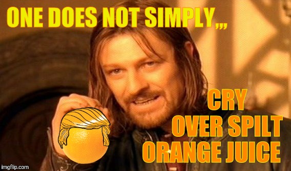 One Does Not Simply Meme | ONE DOES NOT SIMPLY,,, CRY        OVER SPILT ORANGE JUICE | image tagged in memes,one does not simply | made w/ Imgflip meme maker