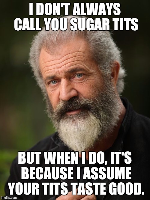 Mel Gibson Most Interesting Man | I DON'T ALWAYS CALL YOU SUGAR TITS; BUT WHEN I DO, IT'S BECAUSE I ASSUME YOUR TITS TASTE GOOD. | image tagged in mel gibson most interesting man,memes | made w/ Imgflip meme maker
