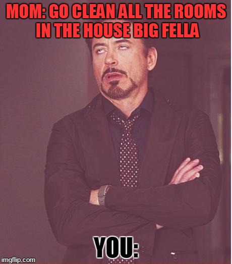 Face You Make Robert Downey Jr Meme | MOM: GO CLEAN ALL THE ROOMS IN THE HOUSE BIG FELLA; YOU: | image tagged in memes,face you make robert downey jr | made w/ Imgflip meme maker