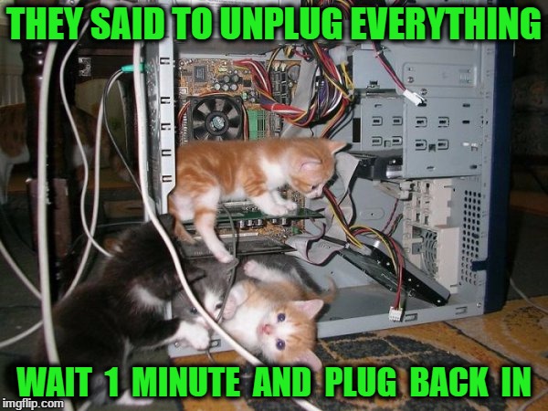 Computer cats | THEY SAID TO UNPLUG EVERYTHING; WAIT  1  MINUTE  AND  PLUG  BACK  IN | image tagged in computer cats | made w/ Imgflip meme maker