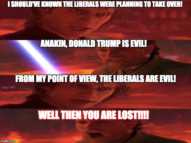 I SHOULD'VE KNOWN THE LIBERALS WERE PLANNING TO TAKE OVER! ANAKIN, DONALD TRUMP IS EVIL! FROM MY POINT OF VIEW, THE LIBERALS ARE EVIL! WELL THEN YOU ARE LOST!!!! | image tagged in well then you are lost | made w/ Imgflip meme maker