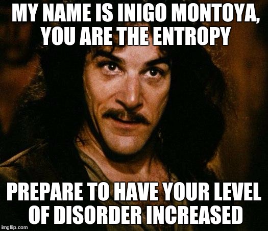 Inigo Montoya Meme | MY NAME IS INIGO MONTOYA, YOU ARE THE ENTROPY; PREPARE TO HAVE YOUR LEVEL OF DISORDER INCREASED | image tagged in memes,inigo montoya | made w/ Imgflip meme maker