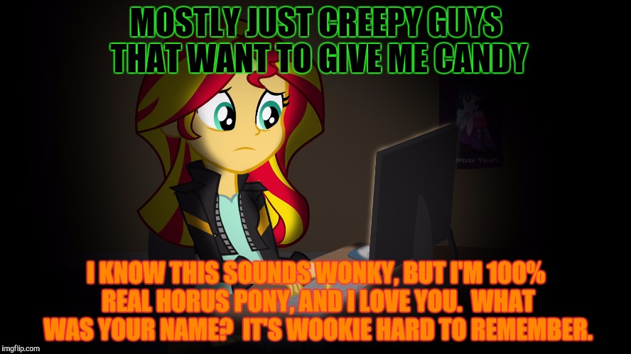 MOSTLY JUST CREEPY GUYS THAT WANT TO GIVE ME CANDY I KNOW THIS SOUNDS WONKY, BUT I'M 100% REAL HORUS PONY, AND I LOVE YOU.  WHAT WAS YOUR NA | made w/ Imgflip meme maker