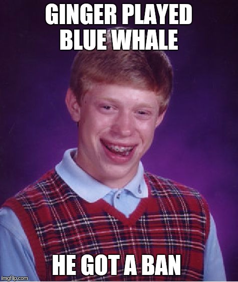 Bad Luck Brian Meme | GINGER PLAYED BLUE WHALE; HE GOT A BAN | image tagged in memes,bad luck brian | made w/ Imgflip meme maker