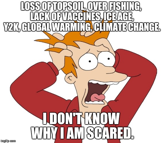 Panic fry | LOSS OF TOPSOIL, OVER FISHING, LACK OF VACCINES, ICE AGE, Y2K, GLOBAL WARMING, CLIMATE CHANGE. I DON'T KNOW WHY I AM SCARED. | image tagged in panic fry | made w/ Imgflip meme maker