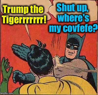 Batman Slapping Robin Meme | Trump the Tigerrrrrrr! Shut up, where's my covfefe? | image tagged in memes,batman slapping robin | made w/ Imgflip meme maker