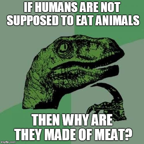 Philosoraptor Meme | IF HUMANS ARE NOT SUPPOSED TO EAT ANIMALS; THEN WHY ARE THEY MADE OF MEAT? | image tagged in memes,philosoraptor | made w/ Imgflip meme maker