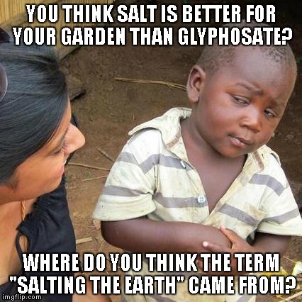 Third World Skeptical Kid Meme | YOU THINK SALT IS BETTER FOR YOUR GARDEN THAN GLYPHOSATE? WHERE DO YOU THINK THE TERM "SALTING THE EARTH" CAME FROM? | image tagged in memes,third world skeptical kid | made w/ Imgflip meme maker