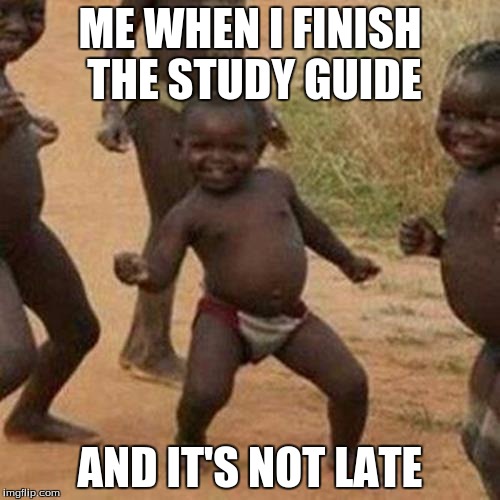 Third World Success Kid Meme | ME WHEN I FINISH THE STUDY GUIDE; AND IT'S NOT LATE | image tagged in memes,third world success kid | made w/ Imgflip meme maker