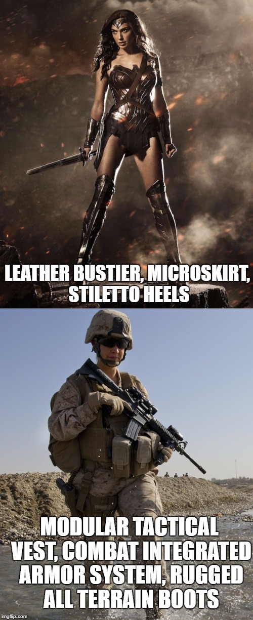 LEATHER BUSTIER, MICROSKIRT, STILETTO HEELS MODULAR TACTICAL VEST, COMBAT INTEGRATED ARMOR SYSTEM, RUGGED ALL TERRAIN BOOTS | made w/ Imgflip meme maker