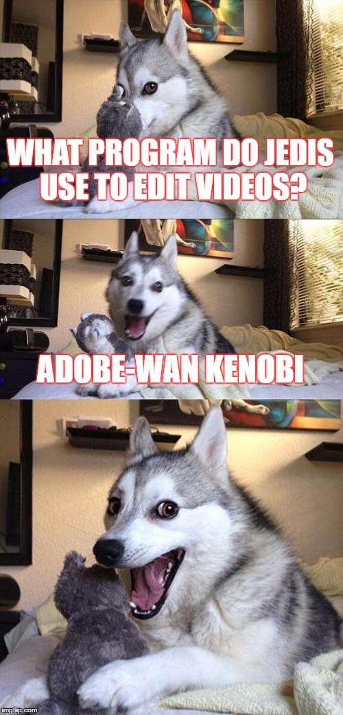Bad Pun Dog | WHAT PROGRAM DO JEDIS USE TO EDIT VIDEOS? ADOBE-WAN KENOBI | image tagged in memes,bad pun dog | made w/ Imgflip meme maker