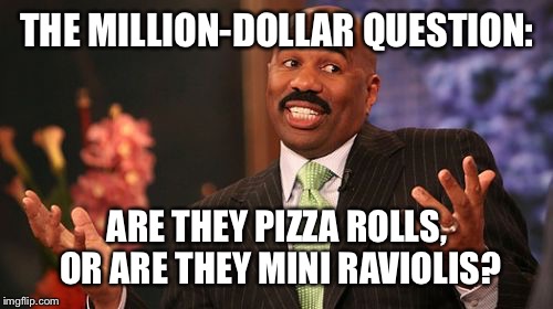 THE MILLION-DOLLAR QUESTION: ARE THEY PIZZA ROLLS, OR ARE THEY MINI RAVIOLIS? | image tagged in memes,steve harvey | made w/ Imgflip meme maker