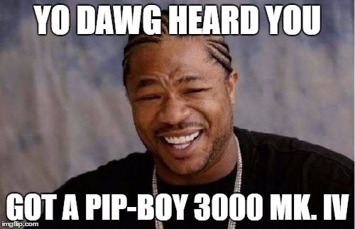 Yo Dawg Heard You Meme | YO DAWG HEARD YOU; GOT A PIP-BOY 3000 MK. IV | image tagged in memes,yo dawg heard you | made w/ Imgflip meme maker