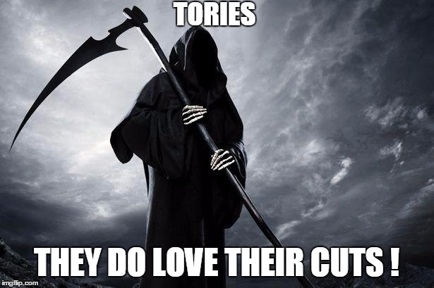 Death | TORIES; THEY DO LOVE THEIR CUTS ! | image tagged in death | made w/ Imgflip meme maker