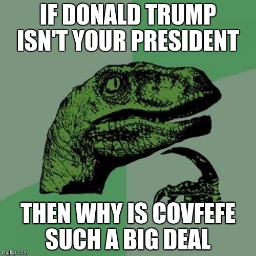 Philosoraptor Meme | IF DONALD TRUMP ISN'T YOUR PRESIDENT; THEN WHY IS COVFEFE SUCH A BIG DEAL | image tagged in memes,philosoraptor | made w/ Imgflip meme maker