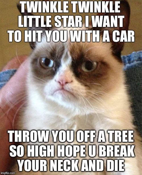 Grumpy Cat | TWINKLE TWINKLE LITTLE STAR I WANT TO HIT YOU WITH A CAR; THROW YOU OFF A TREE SO HIGH HOPE U BREAK YOUR NECK AND DIE | image tagged in memes,grumpy cat | made w/ Imgflip meme maker